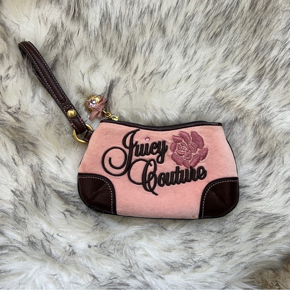 Juicy Couture Handbags - Vintage Juicy Couture Pink Velour Embroidered Wristlet Clutch Bag Y2K
